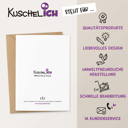 Kuschelich Rückseite der Abschiedskarte mit Umschlag und Hinweisen zu Qualität und Herstellung