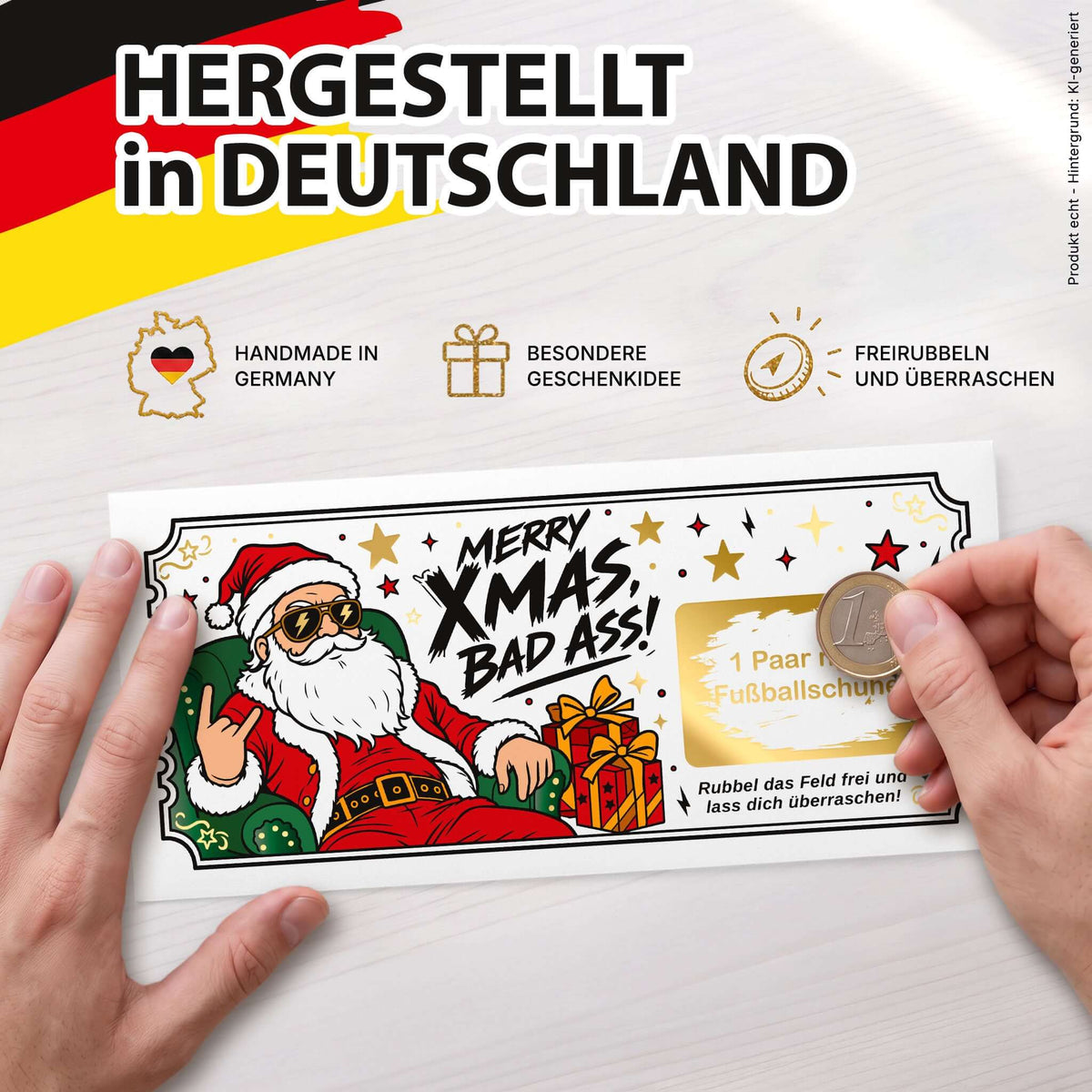 Rubbelkarte Merry Xmas Bad Ass wird mit einer Münze freigerubbelt – hergestellt in Deutschland – KuschelICH