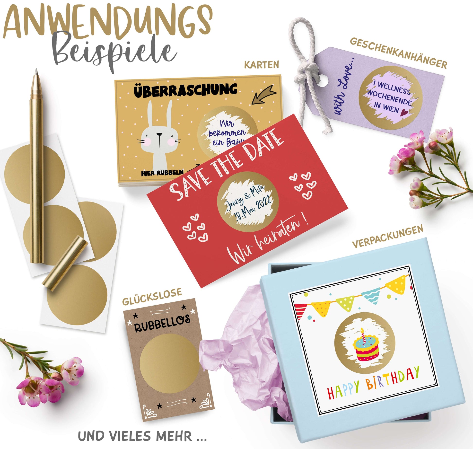 Anwendungsbeispiele Rubbeletiketten Rubbelaufkleber Antik-Gold 5 cm
