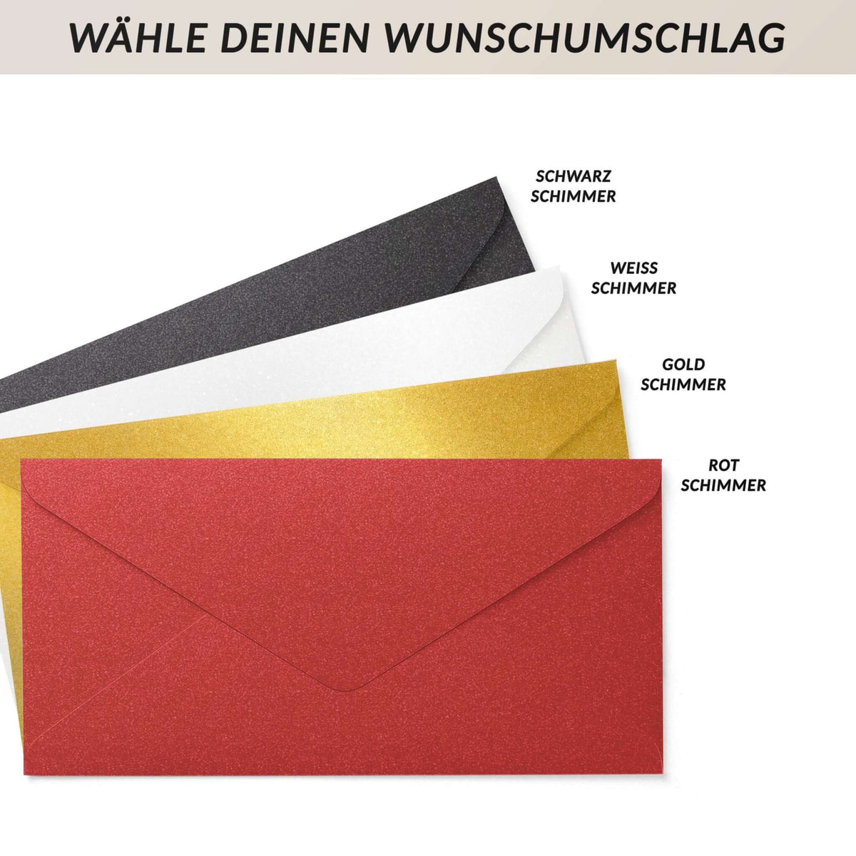 Weihnachtsgutschein Umschläge DIN lang zur Auswahl in Schwarz, Weiß, Gold und Rot Schimmer – KuschelICH