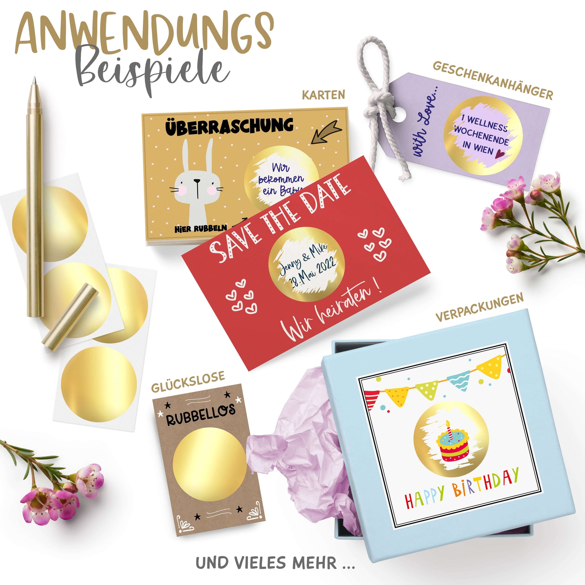 Verwendungsmöglichkeiten Rubbelaufkleber gold glänzend rund 5 cm ⌀ - Gold metallic Scratch Off Sticker