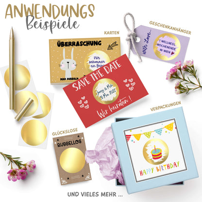 Verwendungsmöglichkeiten Rubbelaufkleber gold glänzend rund 5 cm ⌀ - Gold metallic Scratch Off Sticker