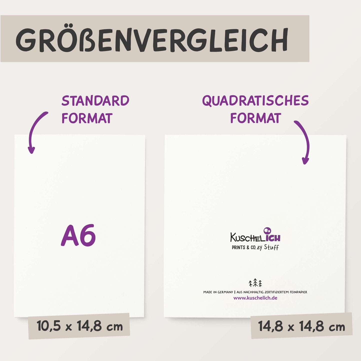 Größenvergleich von Hochzeitskarte Schwäne in Standard A6 und quadratischem Format.