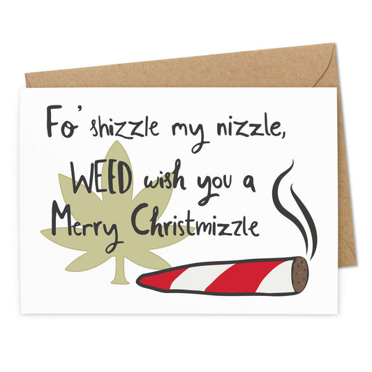 Lustige Weihnachtskarte "Weed wish you Merry Christmizzle" - Ansicht Vorderseite