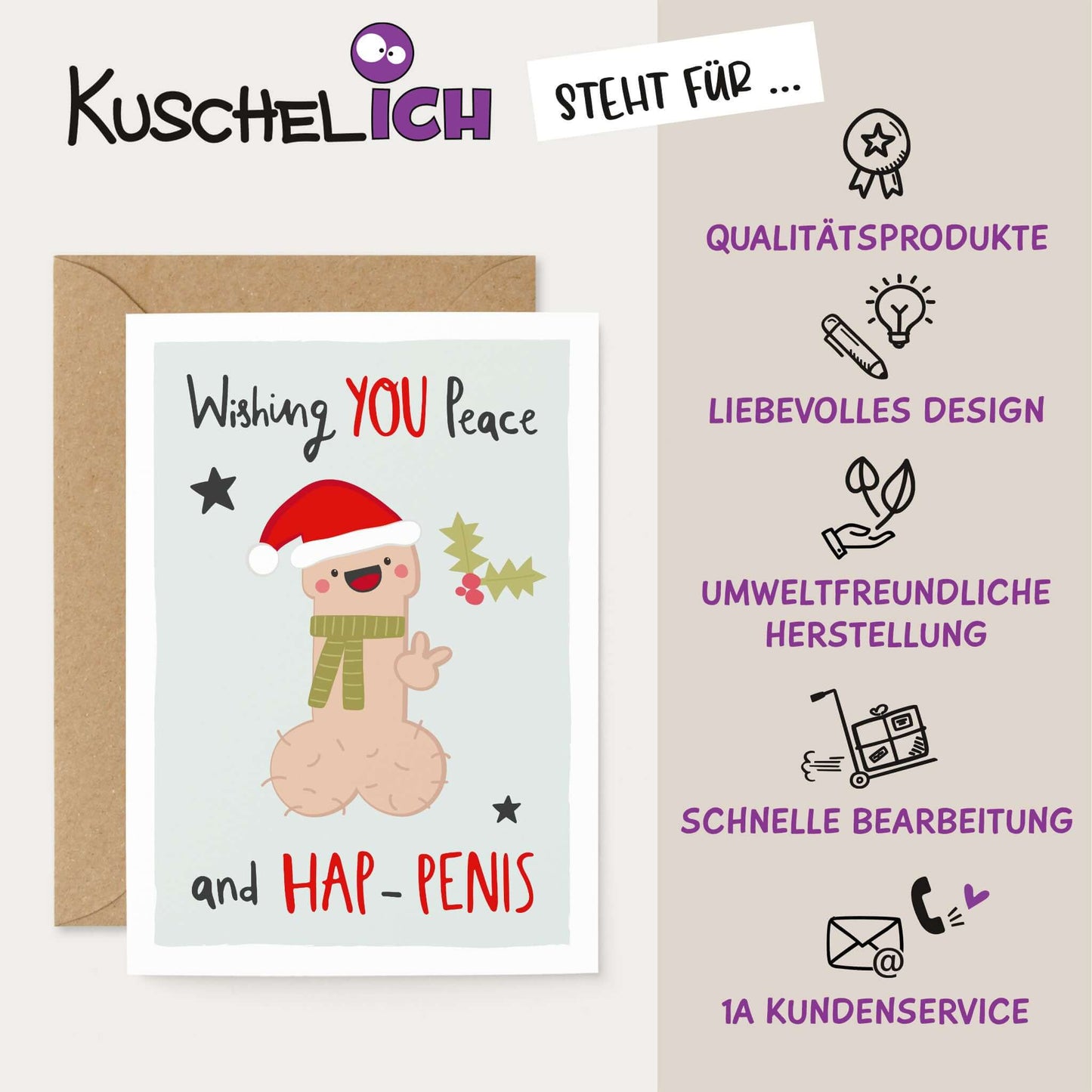 Postkarte "Wish You Peace and Hap-Penis" Qualitätsmerkmale