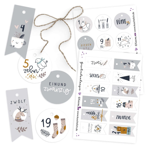 Adventskalender Zahlen Anhänger 1–24 im Hygge-Design, Übersicht aller Motive mit Kordel