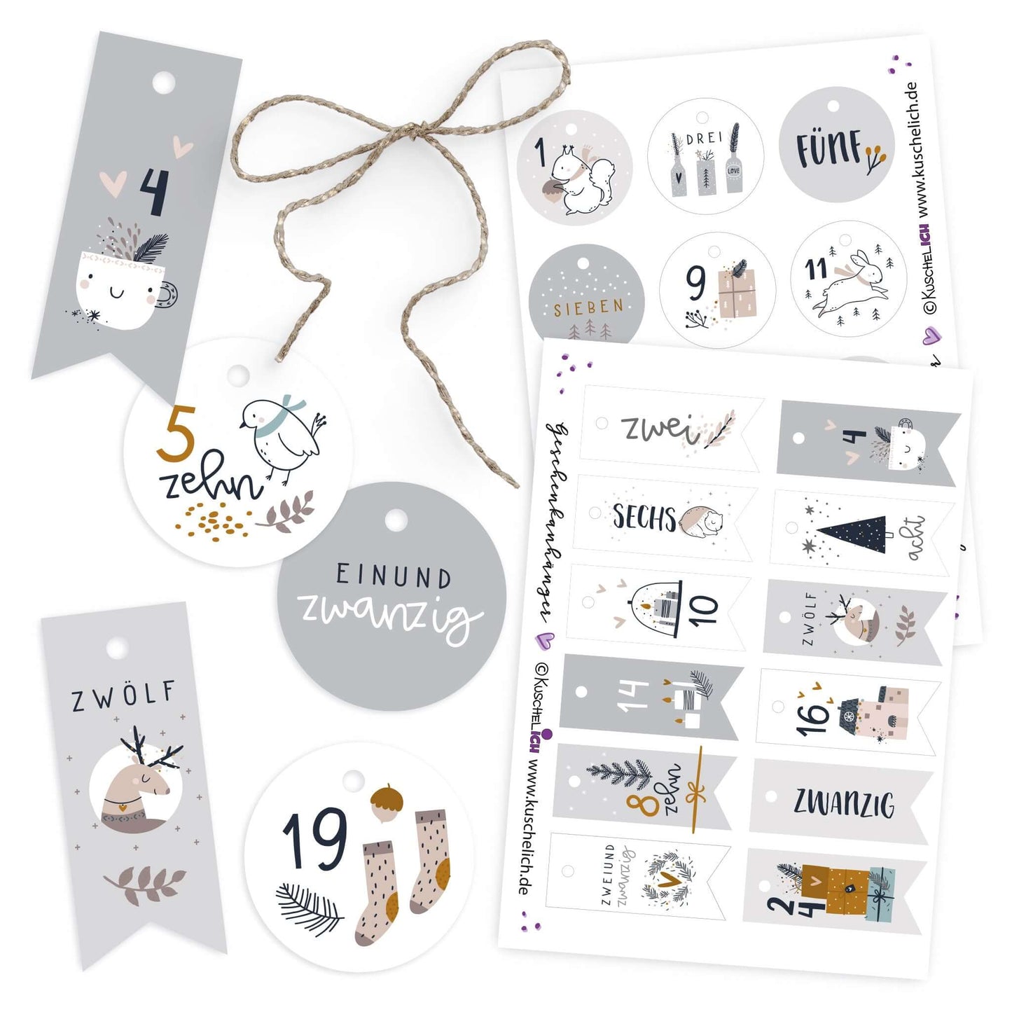 Adventskalender Zahlen Anhänger 1–24 im Hygge-Design, Übersicht aller Motive mit Kordel