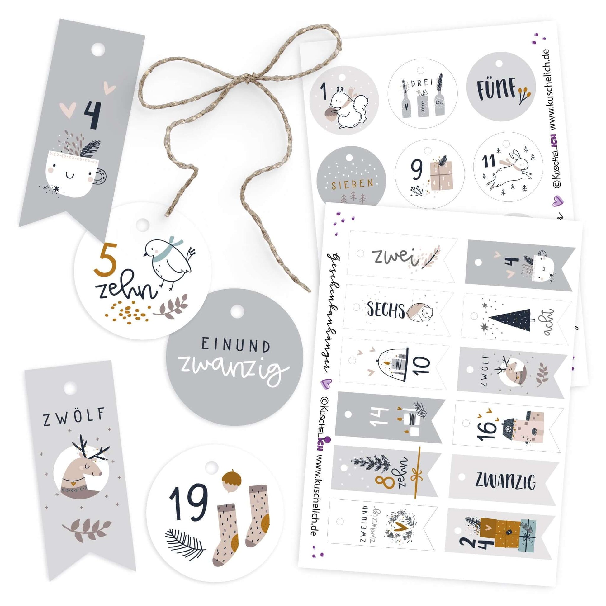 Adventskalender Zahlen Anhänger 1–24 im Hygge-Design, Übersicht aller Motive mit Kordel