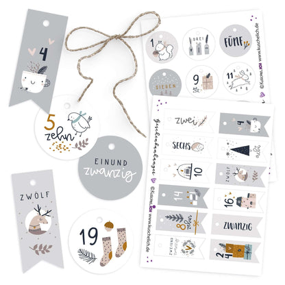 Adventskalender Zahlen Anhänger 1–24 im Hygge-Design, Übersicht aller Motive mit Kordel
