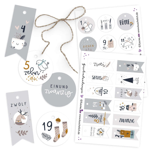 Adventskalender Zahlen Anhänger 1–24 im Hygge-Design, Übersicht aller Motive mit Kordel