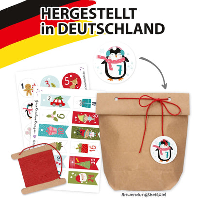 Anwendung an Kraftpapiertüte mit Pinguin-Anhänger, hergestellt in Deutschland