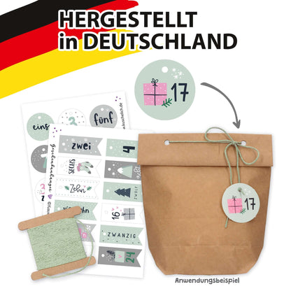 Anwendung an Kraftpapiertüte mit Zahl 17, Set hergestellt in Deutschland