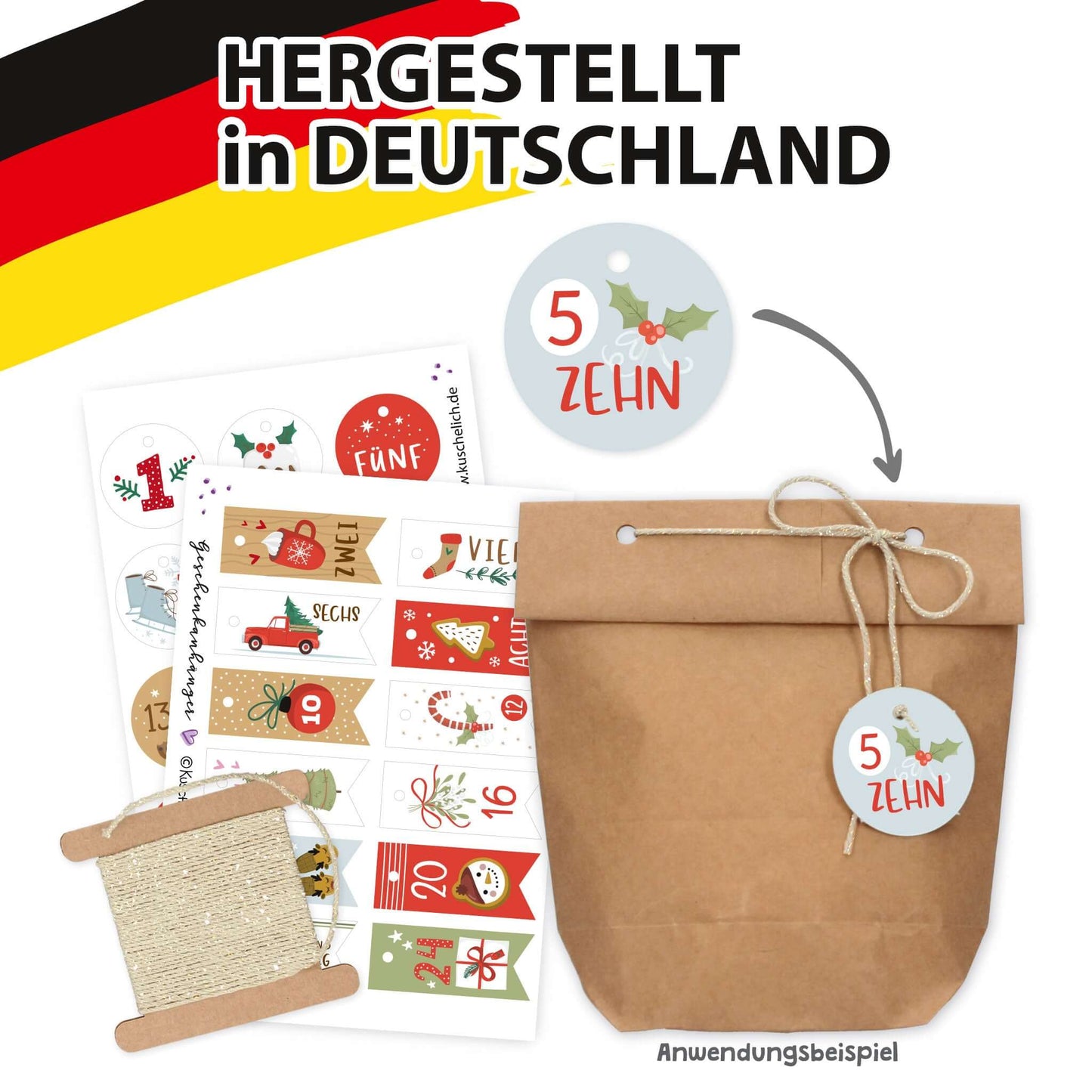 Anwendung an Kraftpapiertüte mit Zahl 5, hergestellt in Deutschland