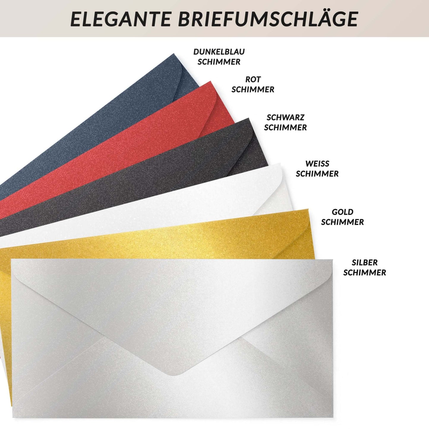 Auswahl eleganter DIN-lang-Briefumschläge in schimmernden Farben für die Rubbelkarte