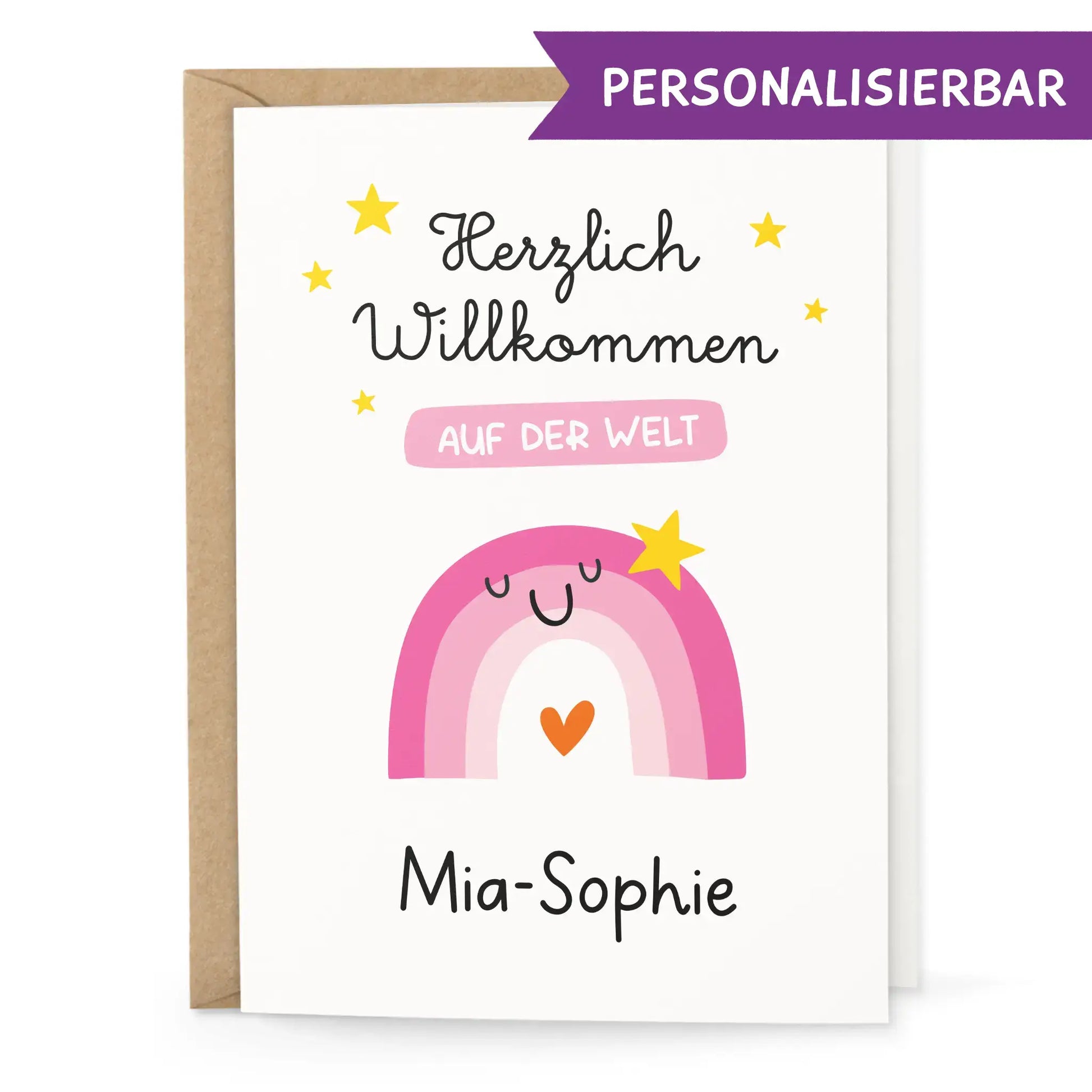 Personalisierbare Geburtskarte mit rosa Regenbogen und Name vorne