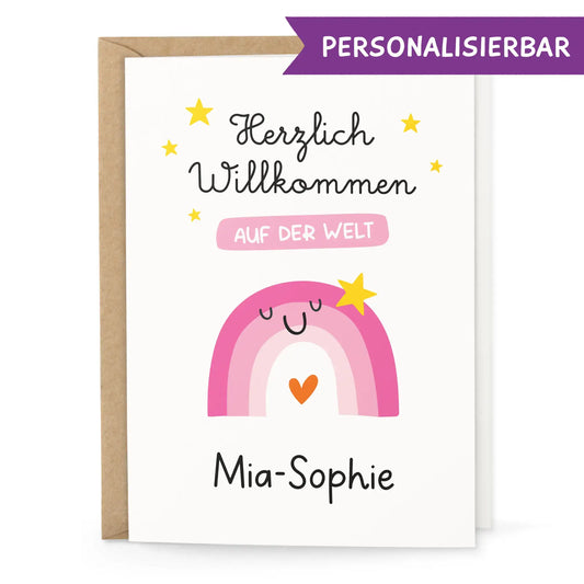 Personalisierbare Geburtskarte mit rosa Regenbogen und Name vorne