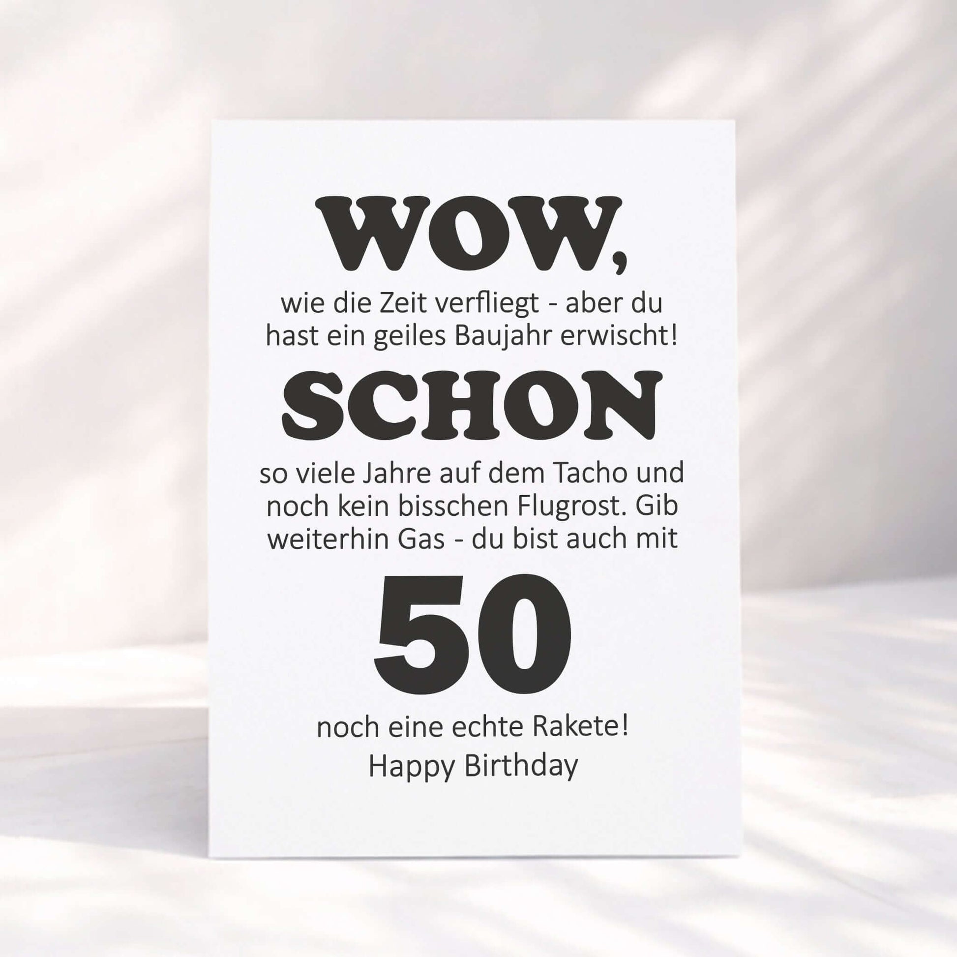 Klappkarte 50. Geburtstag auf Rattanmatte mit Olivenzweig – KuschelICH