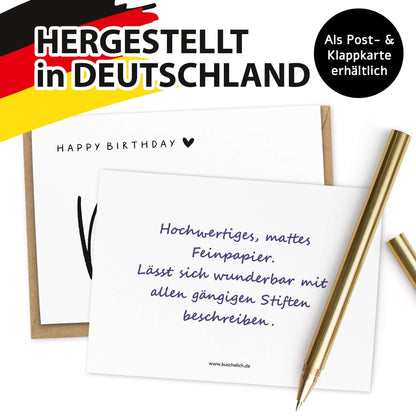 Geburtstagskarte personalisiert – Hinweis Made in Germany, beschreibbares Feinpapier, als Post- und Klappkarte