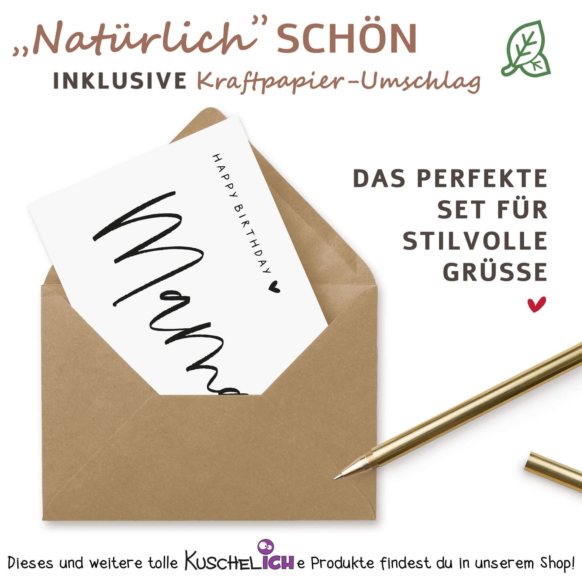 Geburtstagskarte personalisiert mit Namen Mama – Detailansicht im natürlichen Kraftpapier-Umschlag
