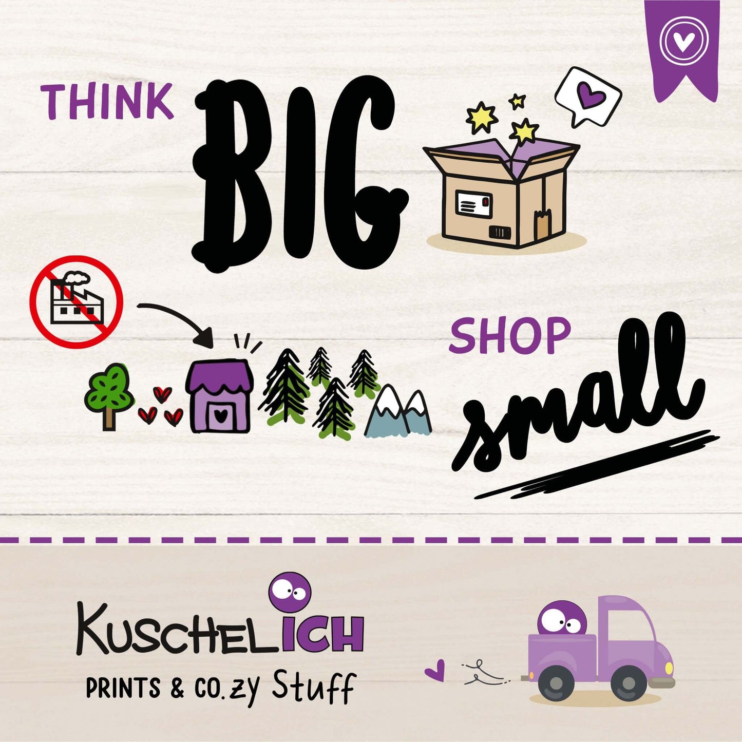Geburtstagskarte personalisiert – KuschelICH Markenbanner „Think Big, Shop Small", lokale Herstellung