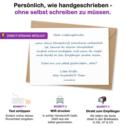 Geburtstagskarte personalisiert – Rückseite mit Wunschtext in Handschrift-Optik und Kraftpapier-Umschlag