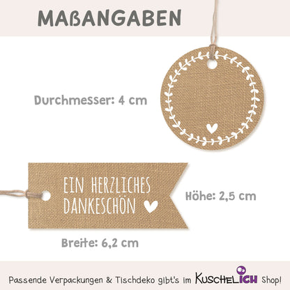 Größenübersicht der Anhänger im Jute-Look – rund Ø 4 cm, rechteckig 6,2 x 2,5 cm