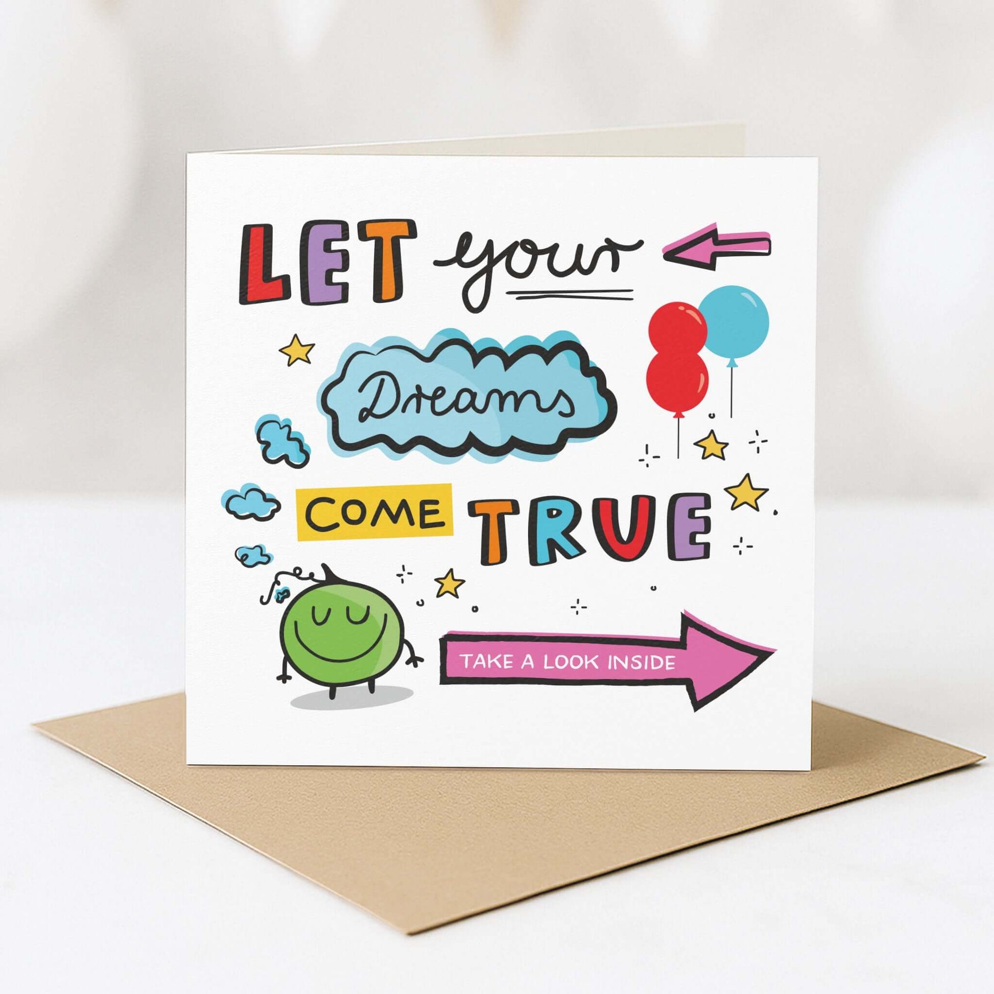 Quadratische Grußkarte Let your dreams come true auf Umschlag