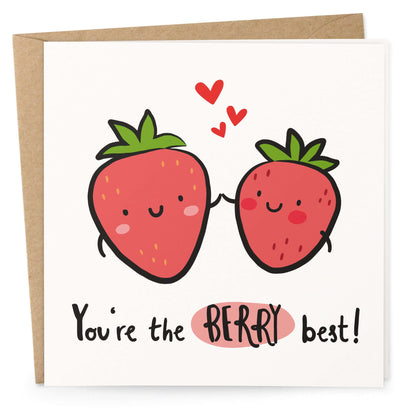 Quadratische Grußkarte mit zwei Erdbeeren und Text You’re the Berry Best