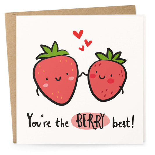Quadratische Grußkarte mit zwei Erdbeeren und Text You’re the Berry Best