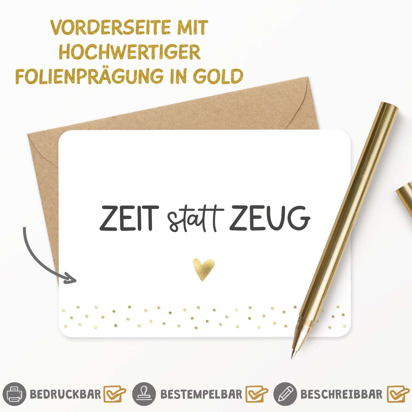 Grußkarte „Zeit statt Zeug" mit Goldfolienprägung & Kraftpapierumschlag – A6 quer