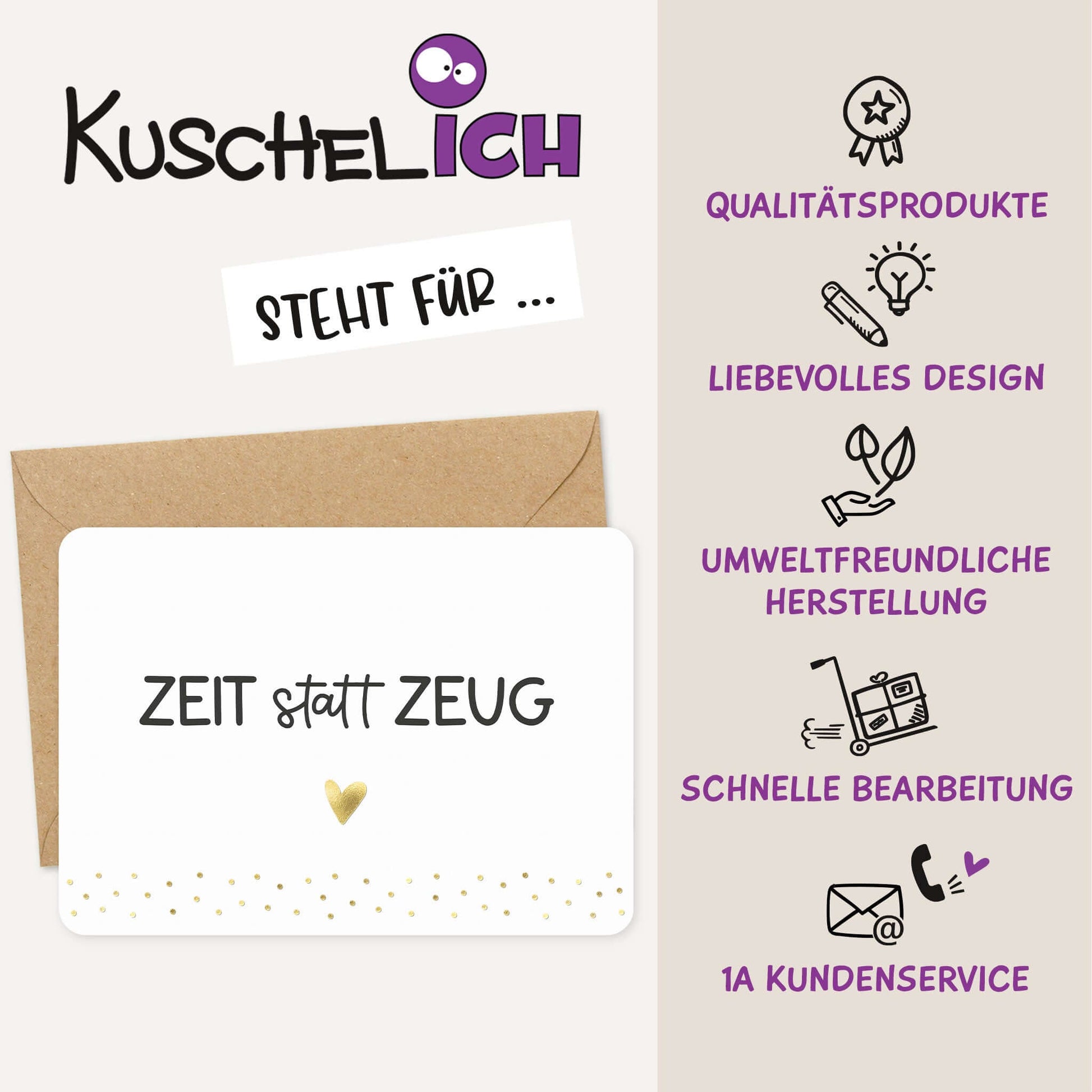 Grußkarte „Zeit statt Zeug" mit Goldfolienprägung & Kraftpapierumschlag – Qualitätsmerkmale