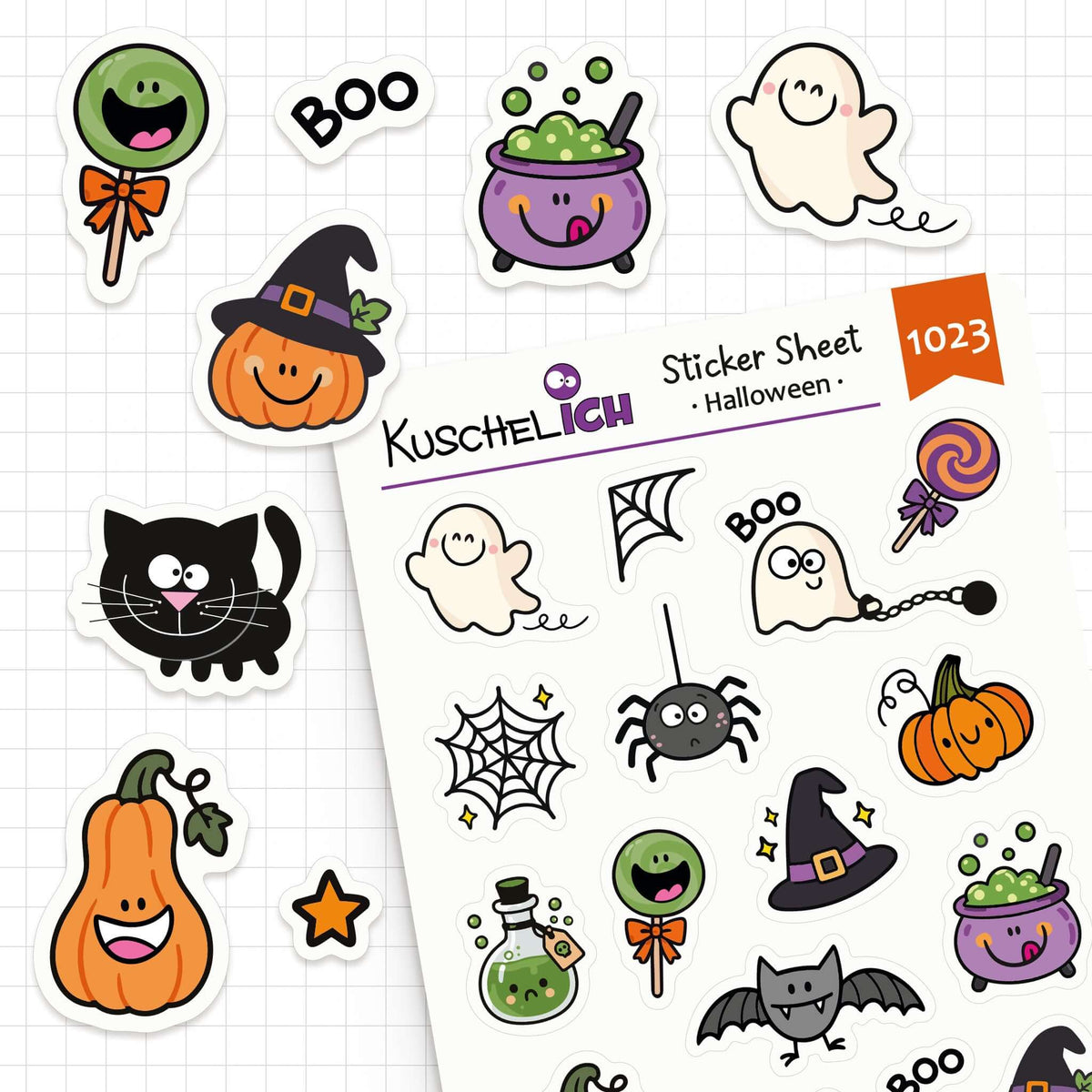 Sticker Sheet Halloween mit 17 Mini-Aufklebern: Geister, Kürbisse und schwarze Katze für Planer und Bullet Journal.