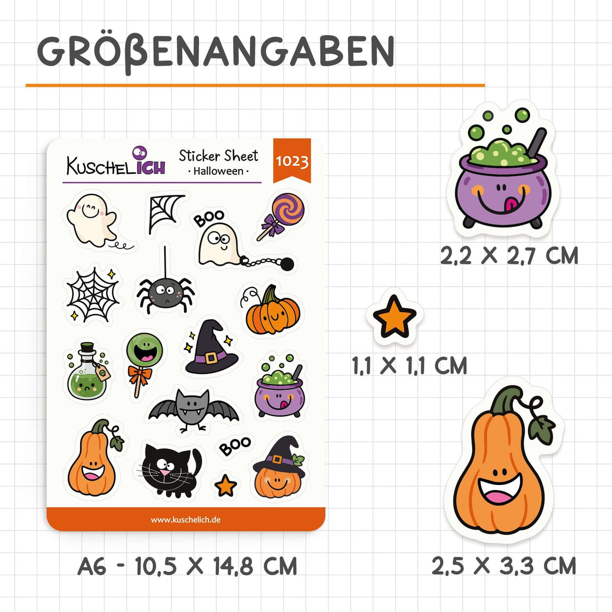 Größenangaben: Stickerbogen A6, einzelne Sticker von 1,1 × 1,1 cm bis 2,5 × 3,3 cm