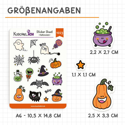 Größenangaben: Stickerbogen A6, einzelne Sticker von 1,1 × 1,1 cm bis 2,5 × 3,3 cm