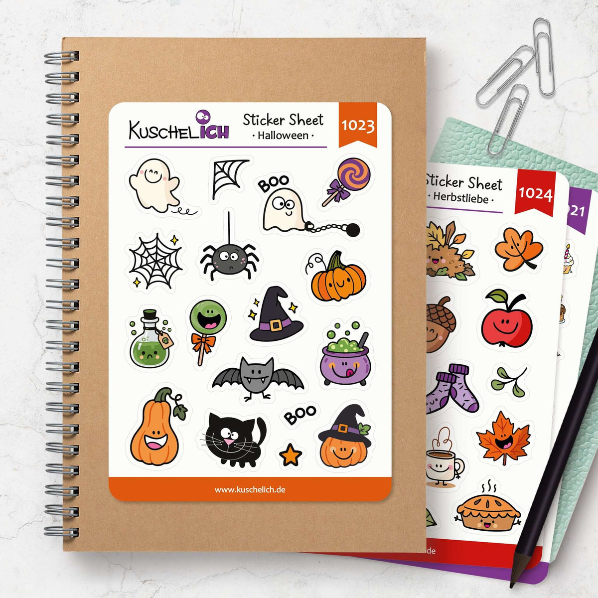 Sticker Sheet Halloween mit 17 Mini-Aufklebern für Planer, Kalender & Bullet Journal, gruselige und niedliche Motive.