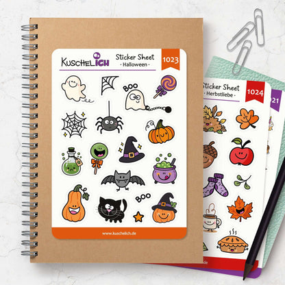 Sticker Sheet Halloween mit 17 Mini-Aufklebern für Planer, Kalender & Bullet Journal, gruselige und niedliche Motive.
