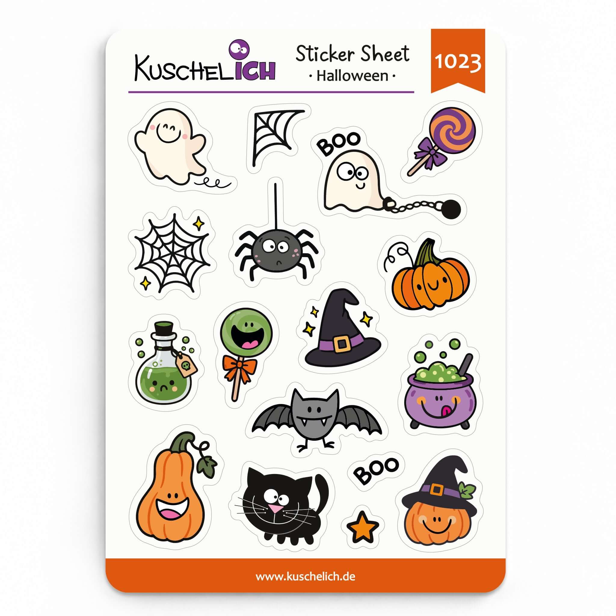 Sticker Sheet Halloween mit 17 niedlichen Mini-Aufklebern für Planer und Bullet Journal, einschließlich Geister und Kürbisse.