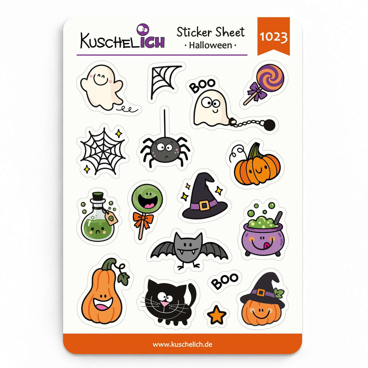 Sticker Sheet Halloween mit 17 niedlichen Mini-Aufklebern für Planer und Bullet Journal, einschließlich Geister und Kürbisse.