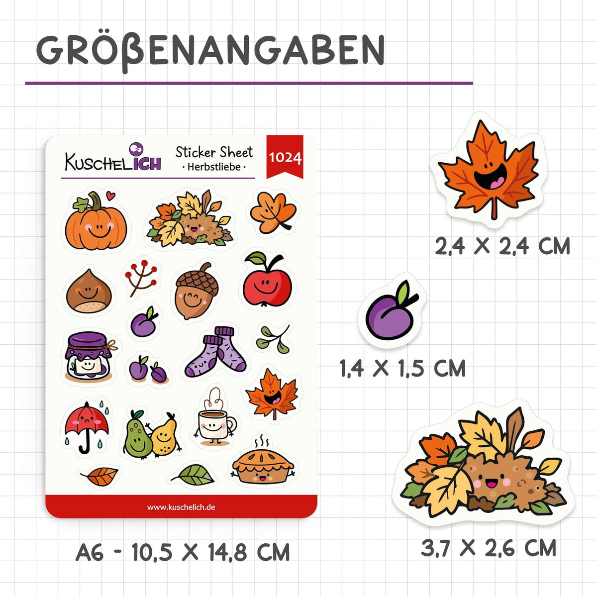 Größenangaben: Stickerbogen A6, Sticker von 1,4 × 1,5 cm bis 3,7 × 2,6 cm