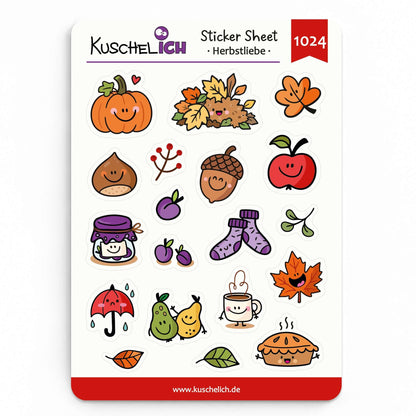 Sticker Sheet Herbstliebe im A6-Format mit 19 Herbst-Aufklebern: Kürbis, Eichel, Apfel, Kuschelsocken