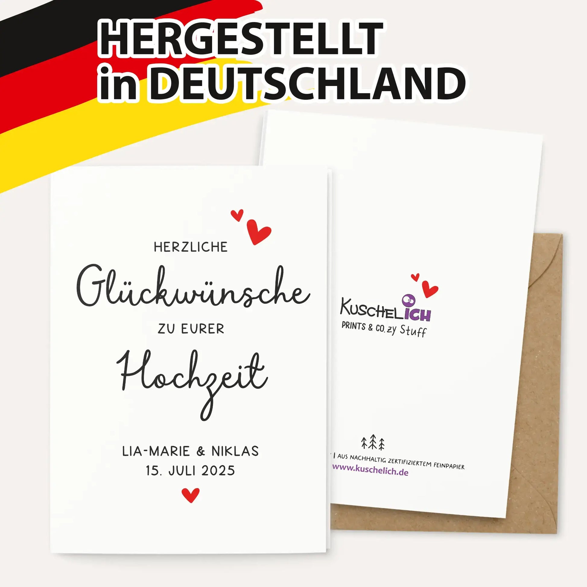 Hochzeitskarte hergestellt in Deutschland mit Umschlag – personalisierbar