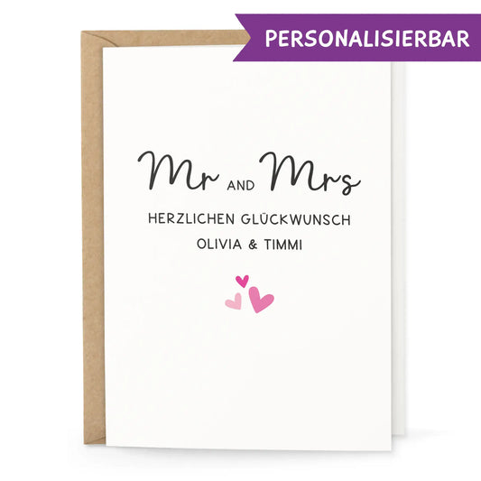 Personalisierbare Hochzeitskarte mit Mr and Mrs Design und Herzchen