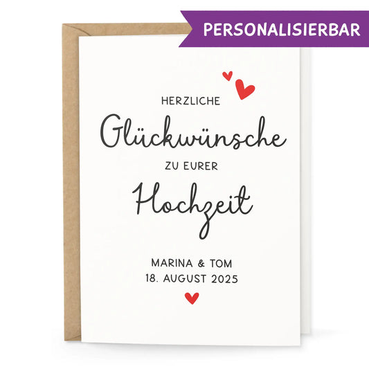 Personalisierbare Hochzeitskarte mit Namen und Datum – Vorderseite mit Herzmotiv