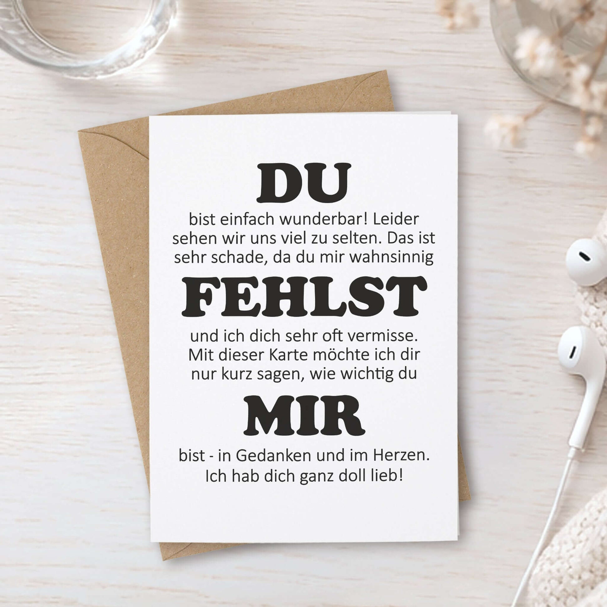 Klappkarte Du fehlst mir – Seitenansicht gefaltet, DIN A6 inkl. Umschlag, Made in Germany