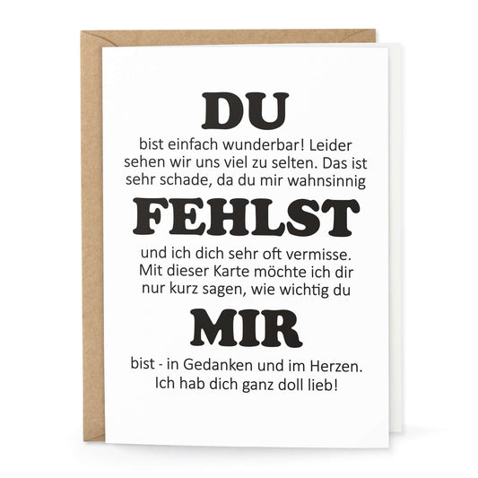 Klappkarte Du fehlst mir – Grußkarte Freundschaft, DIN A6 inkl. Umschlag, Freisteller weißer Hintergrund