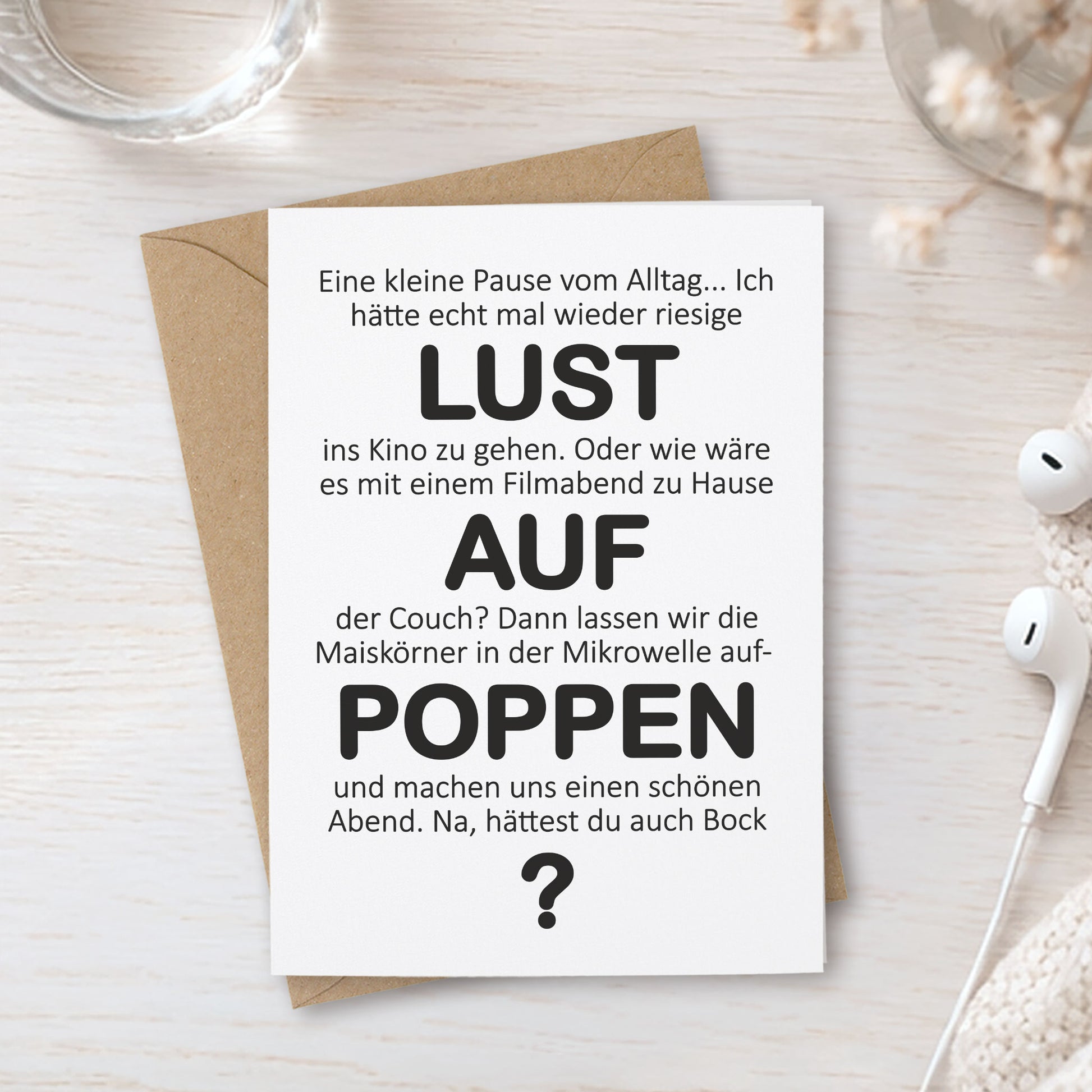 Lustige Klappkarte Filmabend – Popcorn-Spruch mit Umschlag – KuschelICH