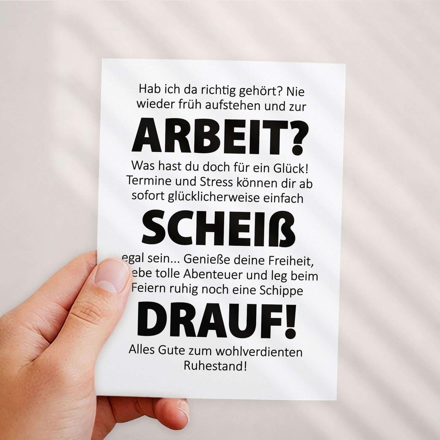 witzige Klappkarte Ruhestand mit humorvollem Text über Freiheit und Freude im Ruhestand.