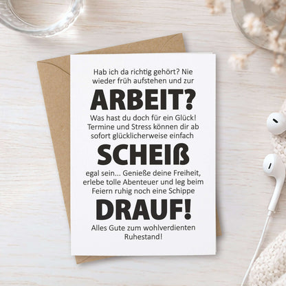 witzige Klappkarte Ruhestand mit humorvollem Text über Freiheit und Stressfreiheit im Ruhestand.