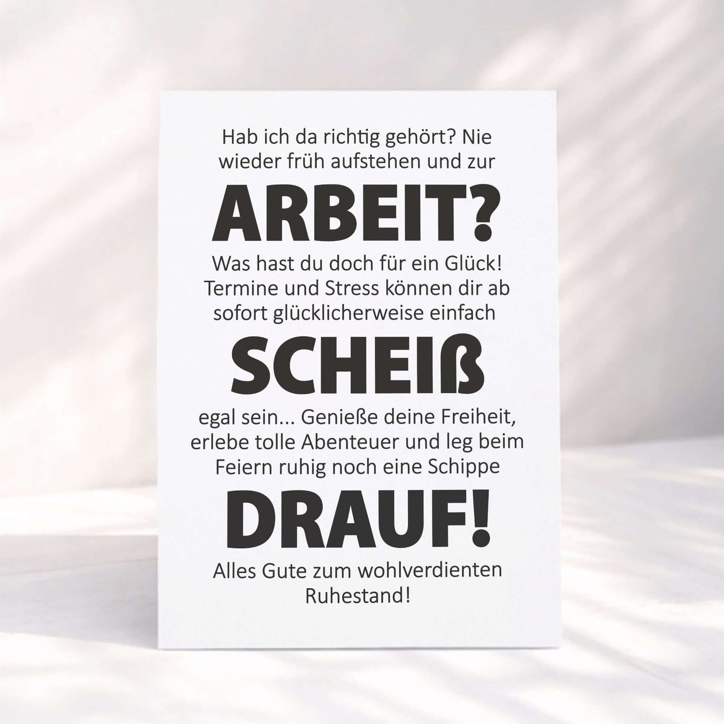 Witzige Klappkarte Ruhestand mit witzigem Text über Freiheit und Spaß nach der Arbeit.