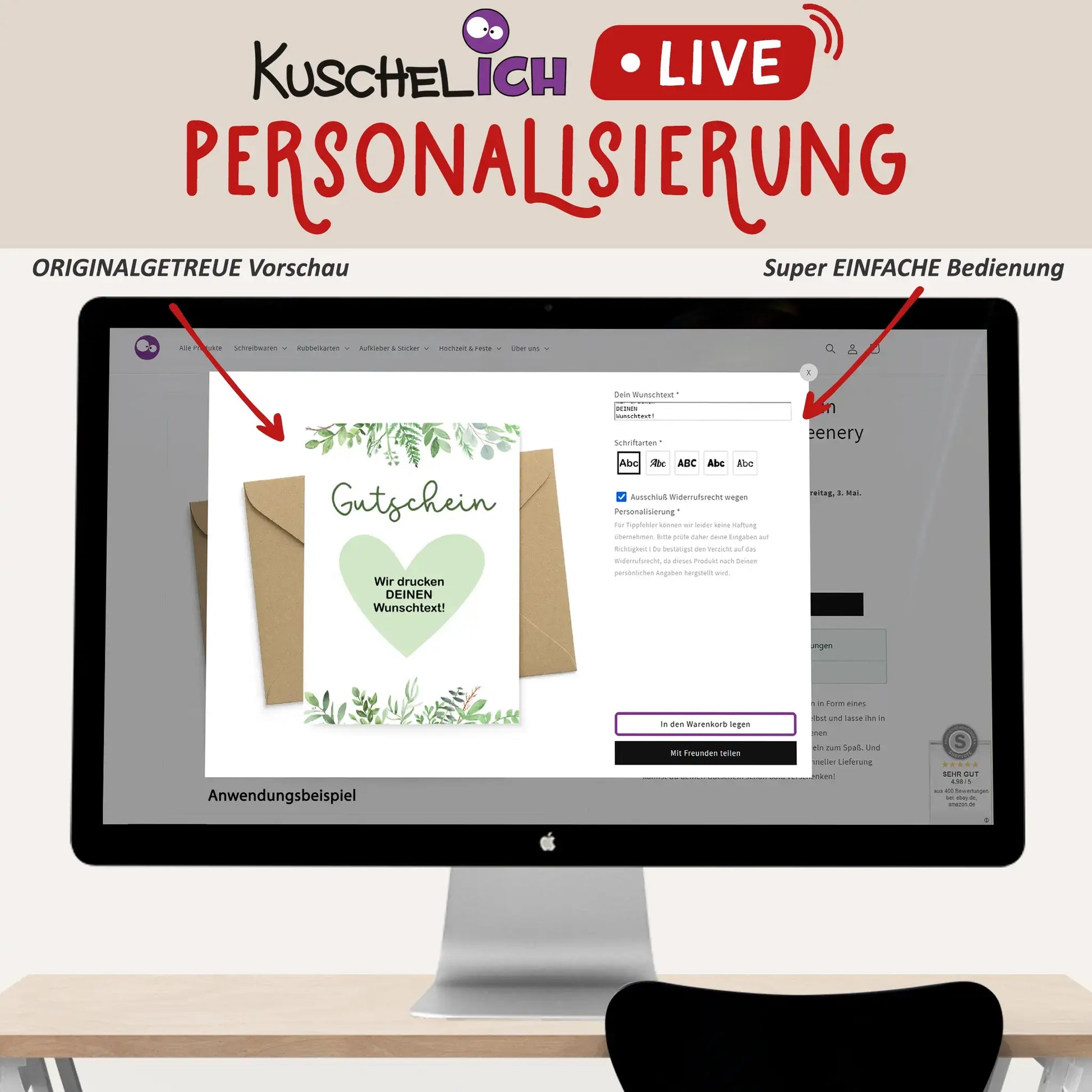Live-Personalisierung der Karte am Computer bei Kuschelich